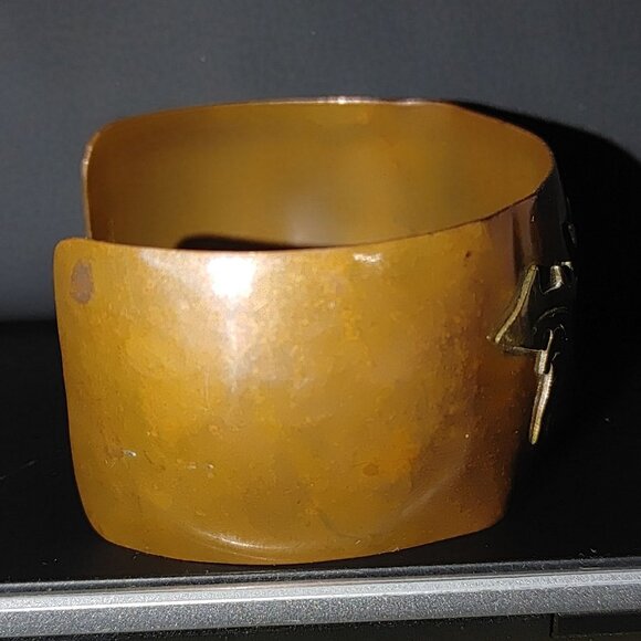 Dragon Mexican Copper Cuff Bracelet MCM Vintage Brass Dragon Abalone 1 Inch Wide - Picture 12 of 12